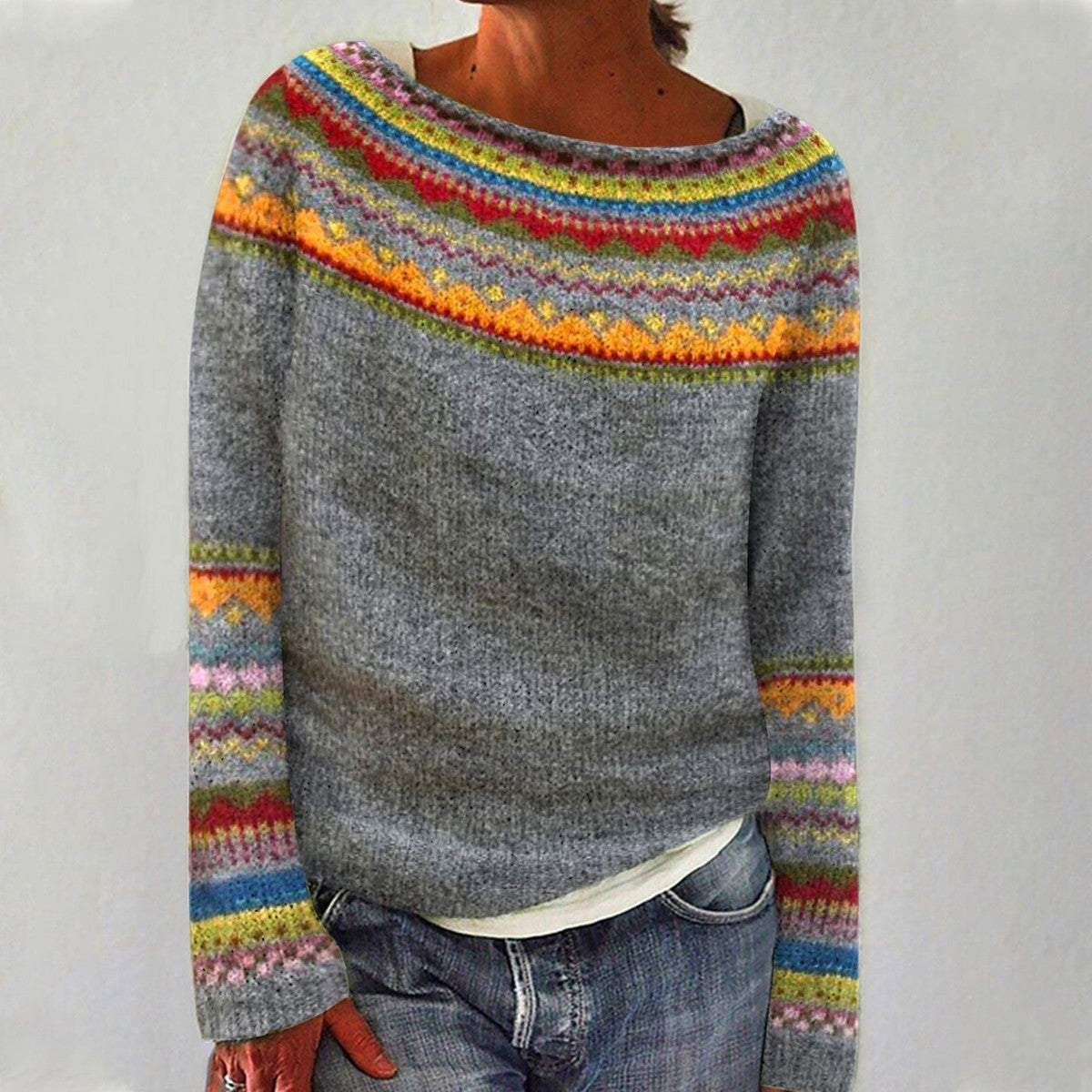 Ernestina™ | Vintage-inspired knitted sweater with colorful geometric patterns