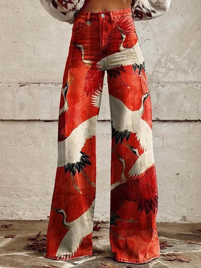 Akira | Crane Print Wide-Leg Pants