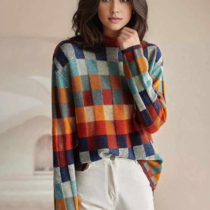 Adalynn™ | Colorful turtleneck sweater with patchwork knit pattern