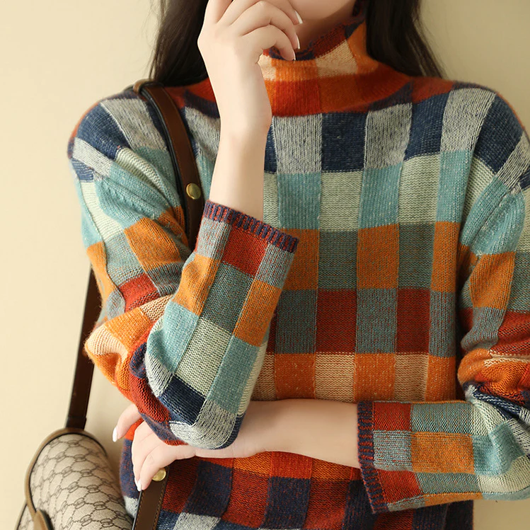 Adalynn™ | Colorful turtleneck sweater with patchwork knit pattern